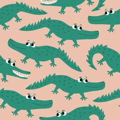 Adorable green crocodiles with big eyes. African animal on a pink background. Funny cute alligators hand drawn vector illustration. Baby seamless pattern.