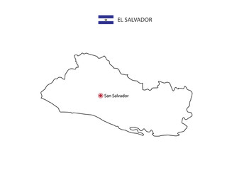 Hand draw thin black line vector of El Salvador Map with capital city San Salvador on white background.