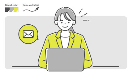 PCでメールを送るスーツ姿の女性のイラスト