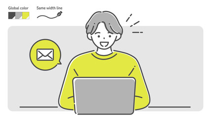 smile man sending an email by laptop