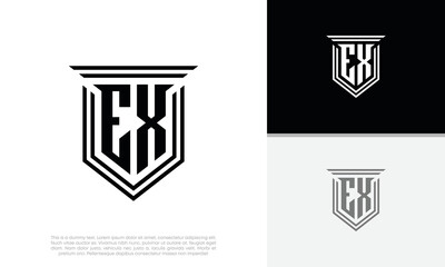 Initials EX logo design. Luxury shield letter logo design.