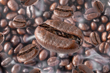 Fototapeta premium Close up horizontal of roasted coffee beans, concept coffee fresh from garden. 