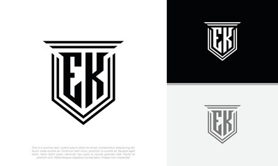 Initials EK logo design. Luxury shield letter logo design.