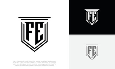 Initials FE logo design. Luxury shield letter logo design.