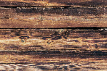The texture of pine timber on a fragment of the wall of a wooden house.