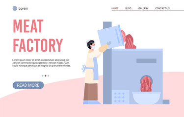 Website mockup for meat factory and producing food, flat vector illustration.