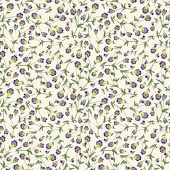 Seamless botanical yellow pattern with tricolor violet flowers

