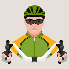 Avatar of a man in a green helmet, goggles and a bicycle handlebar in his hands. Cyclist. Sports concept. Vector flat illustration.