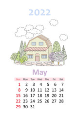 Fototapeta premium lovely cityscape calendar 2022. cute house surrounded by floweri