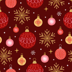 Christmas seamless pattern with gold snowflakes, stars and balls © miumi