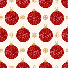 Christmas seamless pattern with red balls and snowflakes. Vector illustration