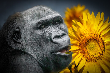 portrait of a young gorilla with sunflowers in the background