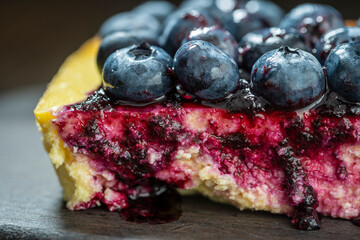 Piece of homemade blueberry cheesecake on dark background