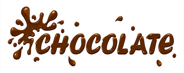 Chocolate. Vector lettering in brown color with glare isolated on white background. Blots, spray and spots chocolate. Concept for logo, card, typography, poster, print.