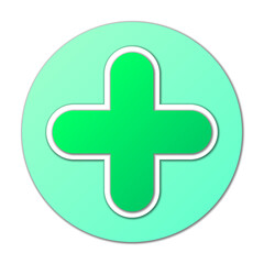 Big green plus sign with white frame in the circle. Sign on white background with shadow. Vector illustration.