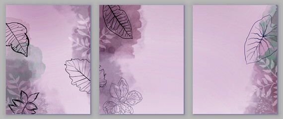 Leaves and plants outline or silhouette on watercolor background of purple pink and green colors, abstract floral border, wedding invite or brochure design of tropical jungle exotic sketch