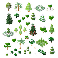 Set Isometric 3d trees forest nature elements white background