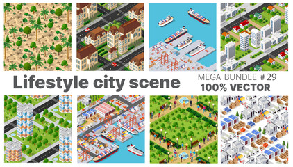 The city's lifestyle scene set illustrations on urban themes with houses