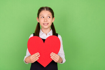 Photo of young school girl happy positive smile hold big red paper heart dream look empty space isolated over green color background