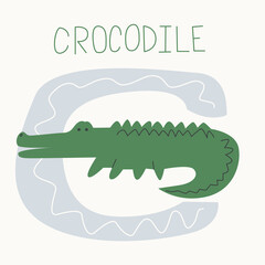 Vector flat illustration for children's alphabet. The letter C and the crocodile on the background.