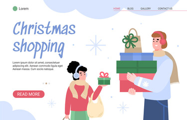 Christmas shopping web page interface layout, flat vector cartoon illustration.