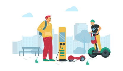 Fototapeta premium People use personal modern electric eco transportation for ride around city.