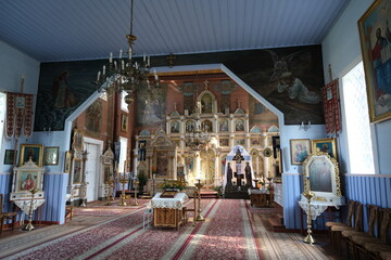 Puchly, Poland - July 13, 2021: Orthodox blue church. Place of the apparition of the Icon of the Protection of the Mother of God. Summer sunny day