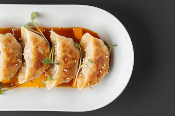Closeup on japanese gedza dumplings on a grey background