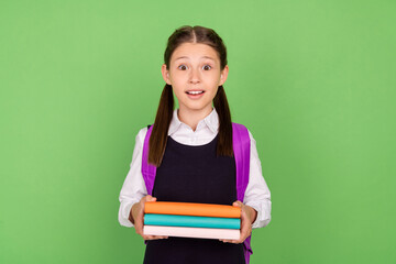 Photo portrait schoolgirl with backpack book pile staring amazed isolated pastel green color background