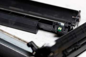 Disassembled toner cartridge of a laser printer.