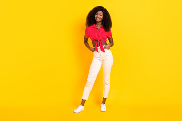Fototapeta na wymiar Full size photo of nice optimistic brunette lady wear red top trousers isolated on yellow color backgound