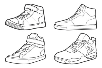 4 Cool Sneakers. Shoes sneaker outline drawing vector, Sneakers drawn in a sketch style, black line sneaker trainers template outline, Set Collection. vector Illustration.