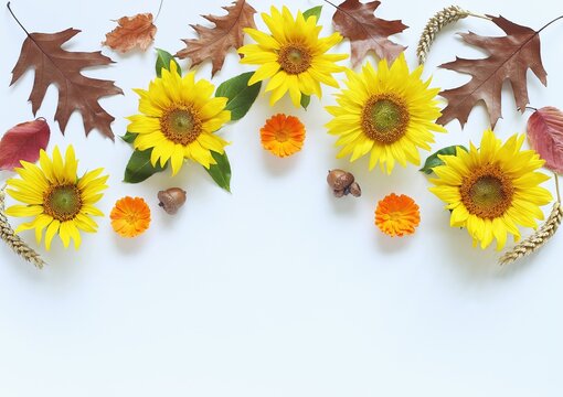 Festive autumn decoration from sunflowers, leaves, cones and acorns. Concept of Thanksgiving Day or Halloween on a whiht background. Flat layot autumn composition with copy space.
