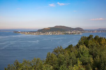 View of the beautiful landscape of the archipelago, islands and fjords from the viewpoint Aksla, Alesund, Norway.