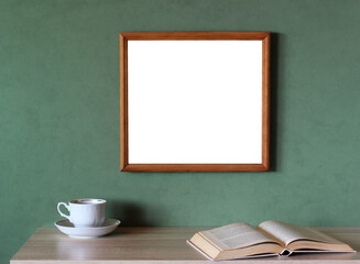 mockup with a large empty frame on a green wall.