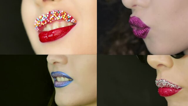 4k Closeup of different kind of beautiful woman lips with beautiful make up sending air kisses in one video footage . Close up of few girl's mouth having flirty emotions and sending air kiss