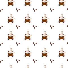 Seamless vector pattern with a cup of coffee and beans, hand-drawn on a white background.