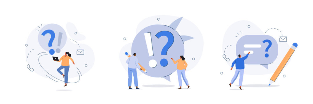 People characters standing near exclamation and question marks. Woman and man ask questions and receive answers. Frequently asked questions concept. Flat cartoon vector illustration and icons set.