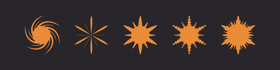 Sparkle Star Icons Set. Gold Geometric Starbursts and Sunburst isolated on Dark Background. Flat Vector Icon Design Template Elements.