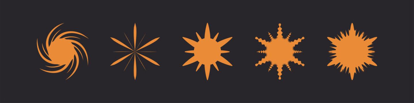 Sparkle Star Icons Set. Gold Geometric Starbursts and Sunburst isolated on Dark Background. Flat Vector Icon Design Template Elements.