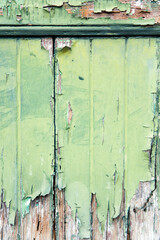 Old wooden door with green weathered paint