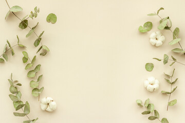Round frame floral pattern with eucalyptus leaves and cotton