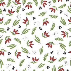 Hand drawn vector seamless pattern with leaves and berries on white background. Herbal texture 