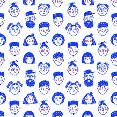Fototapeta premium Seamless pattern with doodle style people faces in blue color on white background. Cartoon characters hand drawn vector illustration. 