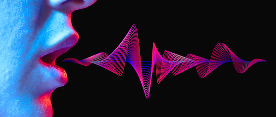 Woman lips with sound wave on black background in neon light. - 448607142