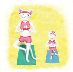 Mom cat and daughter do yoga