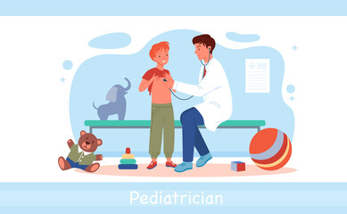Cartoon pediatrician man character doing medical examination of boy child with stethoscope, medicine healthcare isolated on white. Children visit pediatrician doctor in hospital vector illustration
