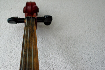 Cello strings, neck and fingerboard. Old brown cello.