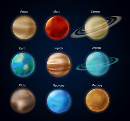 Solar system planets, astronomy vector illustration. 3d Earth Mars Mercury Saturn Uranus Jupiter Venus Neptune planets with lettering, space universe galaxy infographic education cosmo background