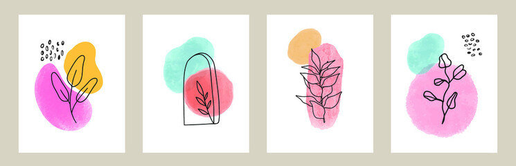 Vector abstract florals in simple geometric shapes minimalistic line art. Hand drawn botanical elements, sketch foliage set. Natural colorful botanics in watercolor shapes.